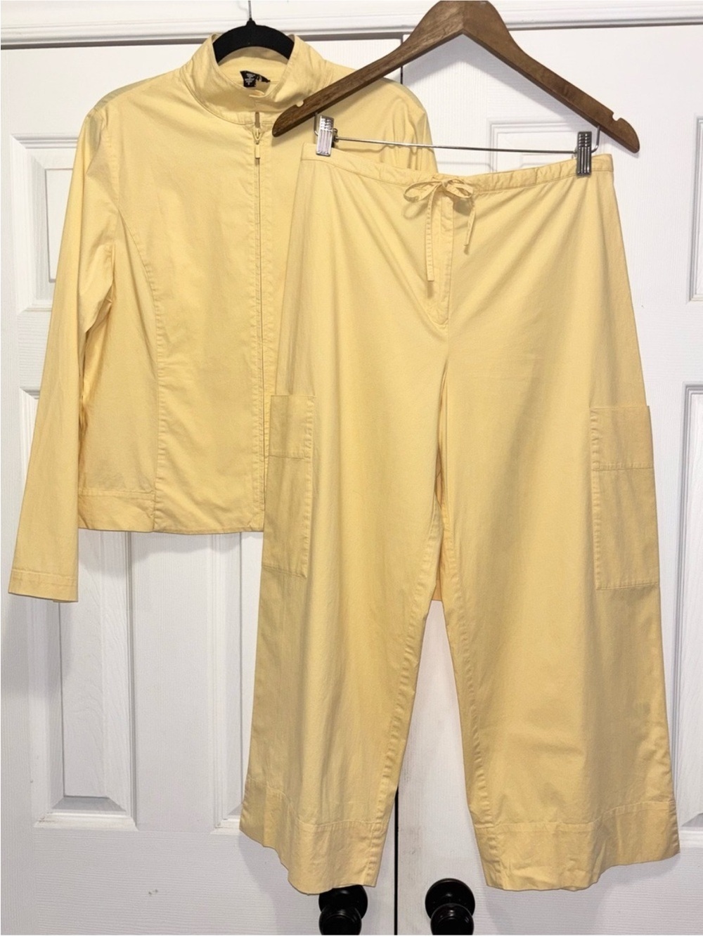 Eileen Fisher Wide Leg Cargo Pants Zip Up Jacket Top Yellow 2pc Set Size Small